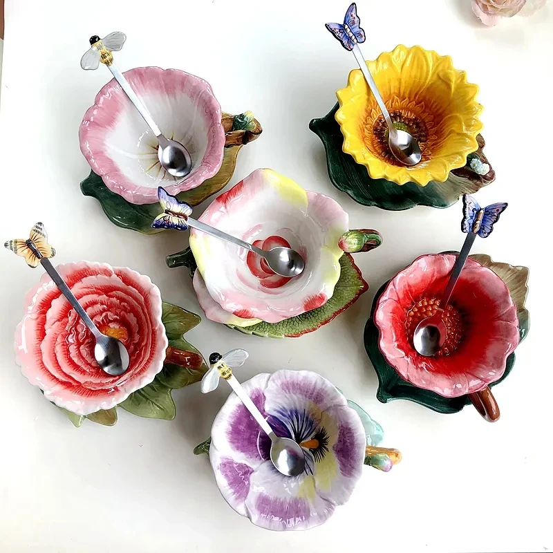 Coffee Tea Gift Set - 150ml Hand-Painted Rose Ceramic Coffee Mug