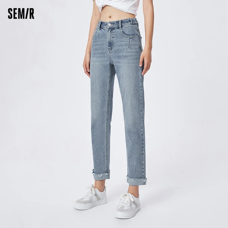 Semir 2024 Jeans Women Raw Edge Curled Straight Leg Spring Nine-Point Pants New Style Trousers For Women