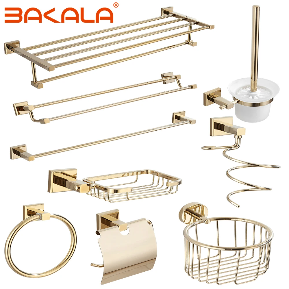

Luxury Gold Color Brass Square Bathroom Accessories Towel Shelf Towel Holder Toilet Paper Holder Wall Mounted Bath Hardware Sets