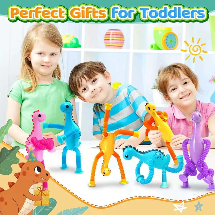 1/4pcs Suction Dinosaur Novelty Pop Tubes Fidget Toys Stress Relief Stretch Telescopic Suction Cup Sensory Toys for Kids Adult