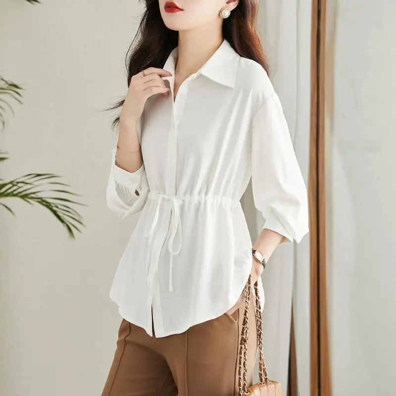 Women Elegant Drawstring Chiffon Blouse 2026 Long Sleeve Trendy Ageless Beautiful Shirt Tops
