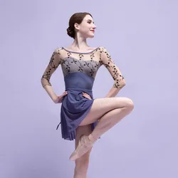 Novo bordado elástico malha Ballet Collant Mulheres três quartos manga Ginástica Bodysuit alta qualidade Dancewear