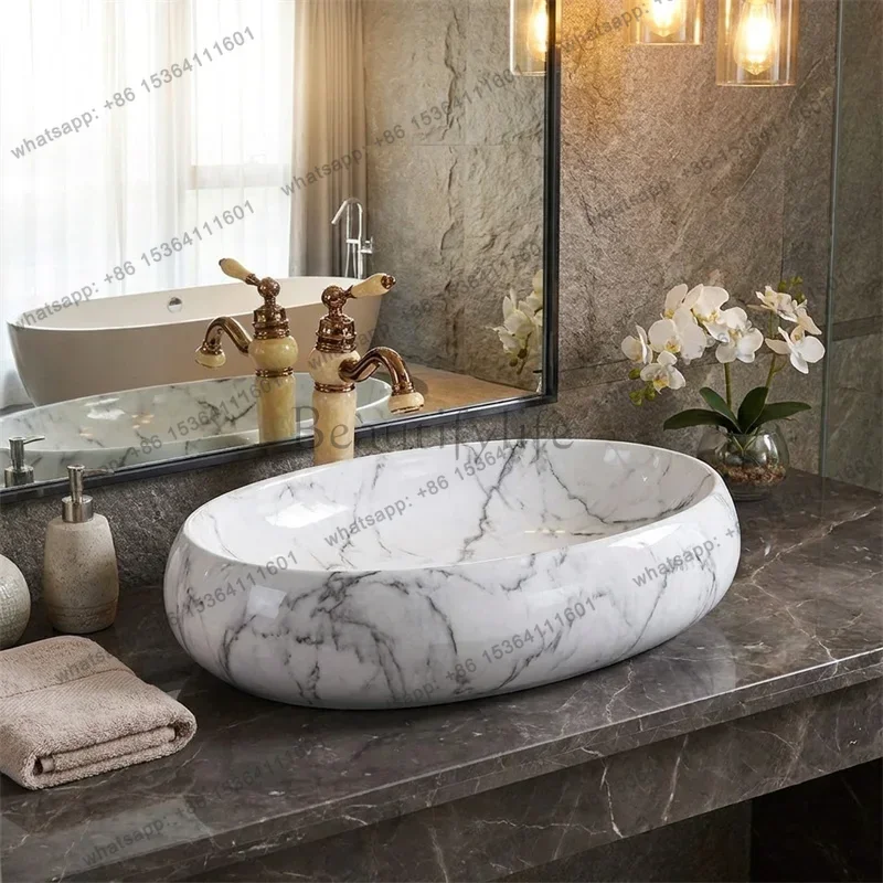 FG Nordic Marbling Ceramic Oval Wash Basin Bathroom Sink Bowl Kitchen Lavatory washbasin Modern Furniture Home Decor Accessory