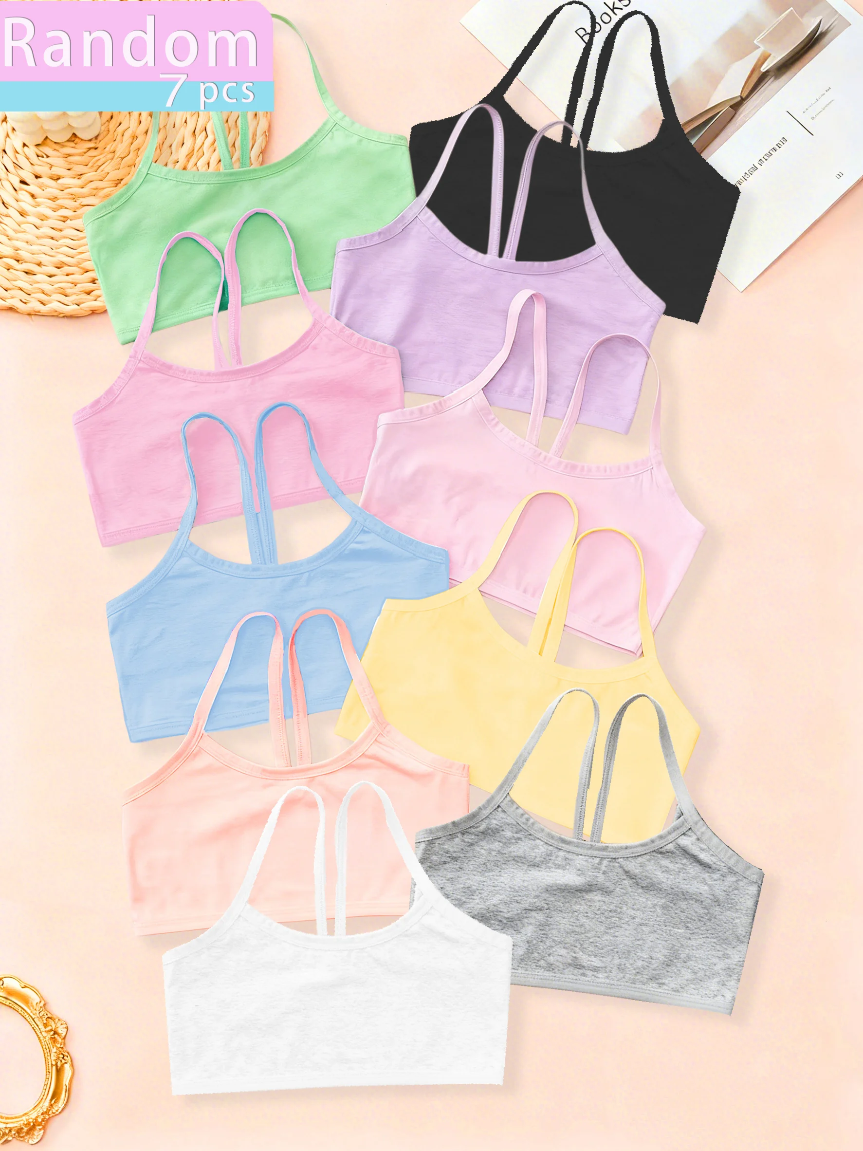 Zufälliges 7-teiliges Set aus weichen und bequemen Tanktops für Mädchen aus reiner Baumwolle, leicht und atmungsaktiv, schlicht und stilvoll, einfarbig, Macaron-Farben, bequeme Camisole-Tanktops