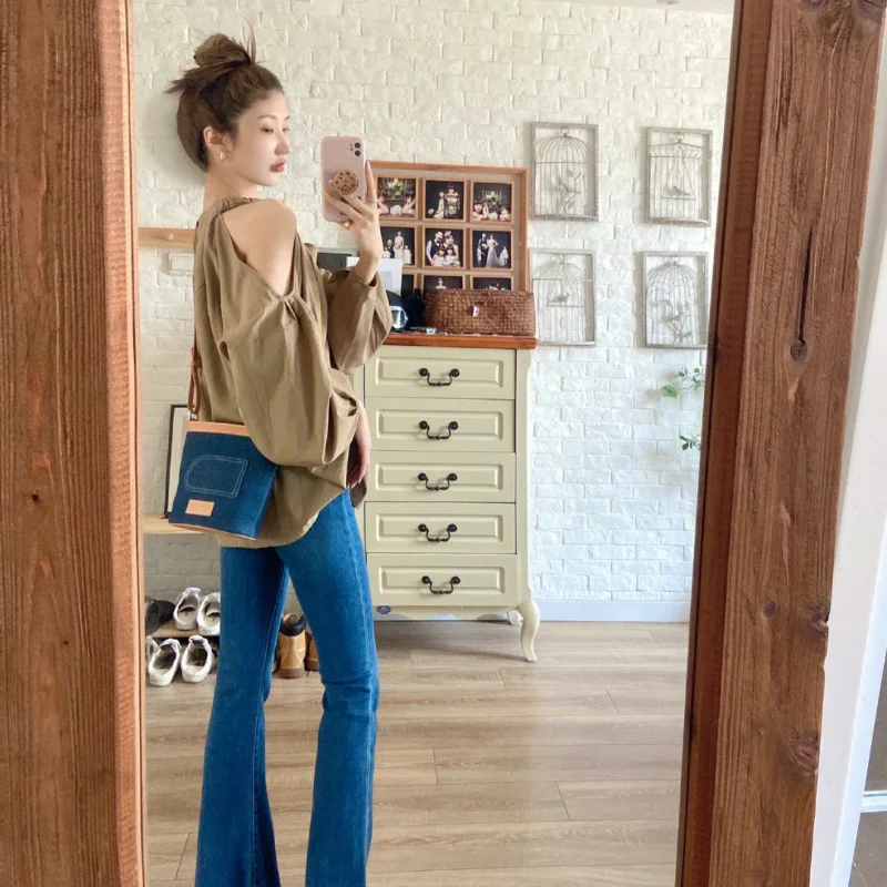 

Блузки женские, однотонные, корейские, винтажные, модные, с открытыми плечами, элегантные, мешковатые, универсальные, повседневная осенняя, повседневная одежда, новинка