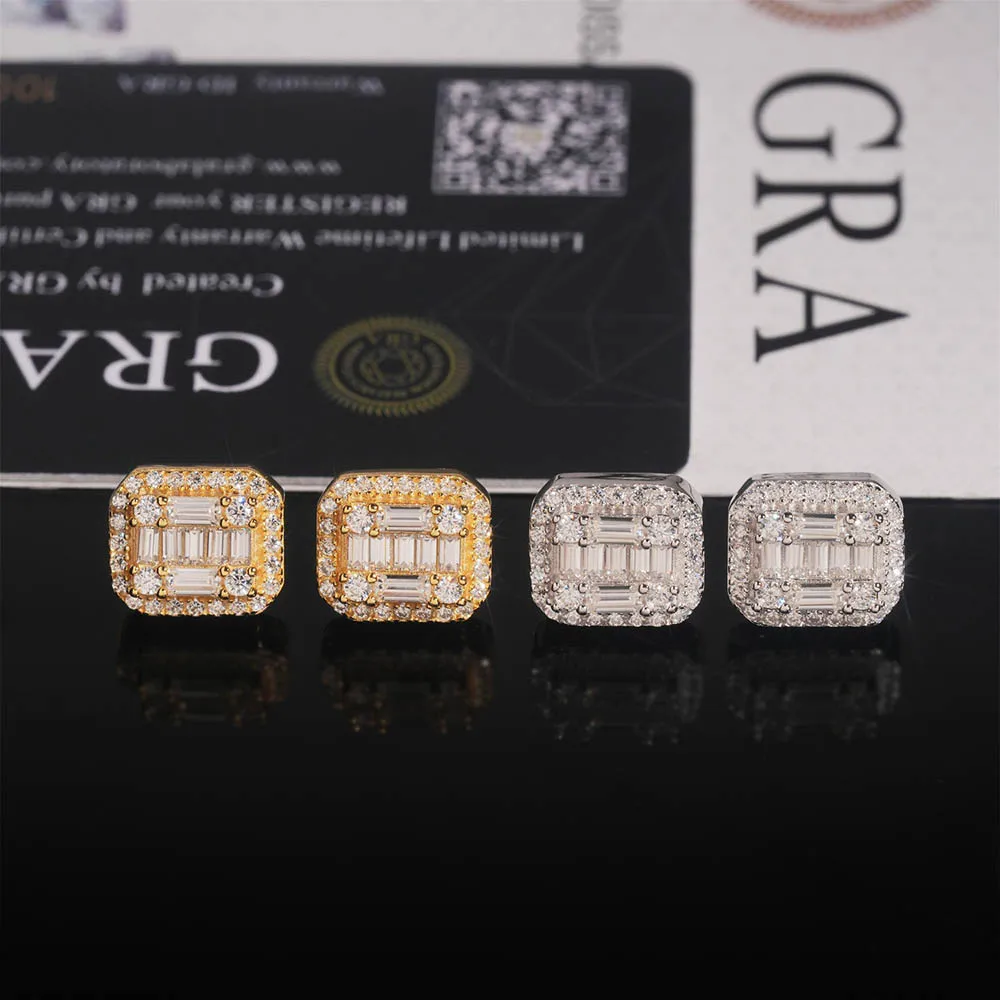 

Hiphop Iced D Color Baguette Cut Moissanite Stud Earrings Screw Back 925 Sterling Silver Plated White Gold Pass Diamond Tester