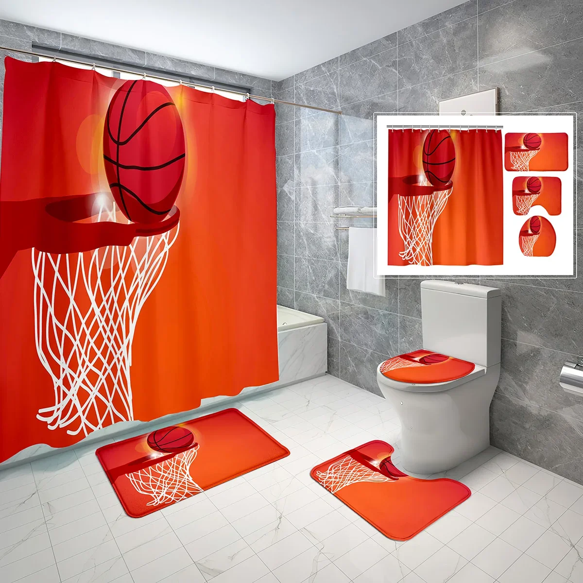 Basketball Style Shower Curtain Set Slam Dunk 4 Pcs Shower Curtain Bathroom Non-Slip Bath Mat Toilet Cover Curtain Set