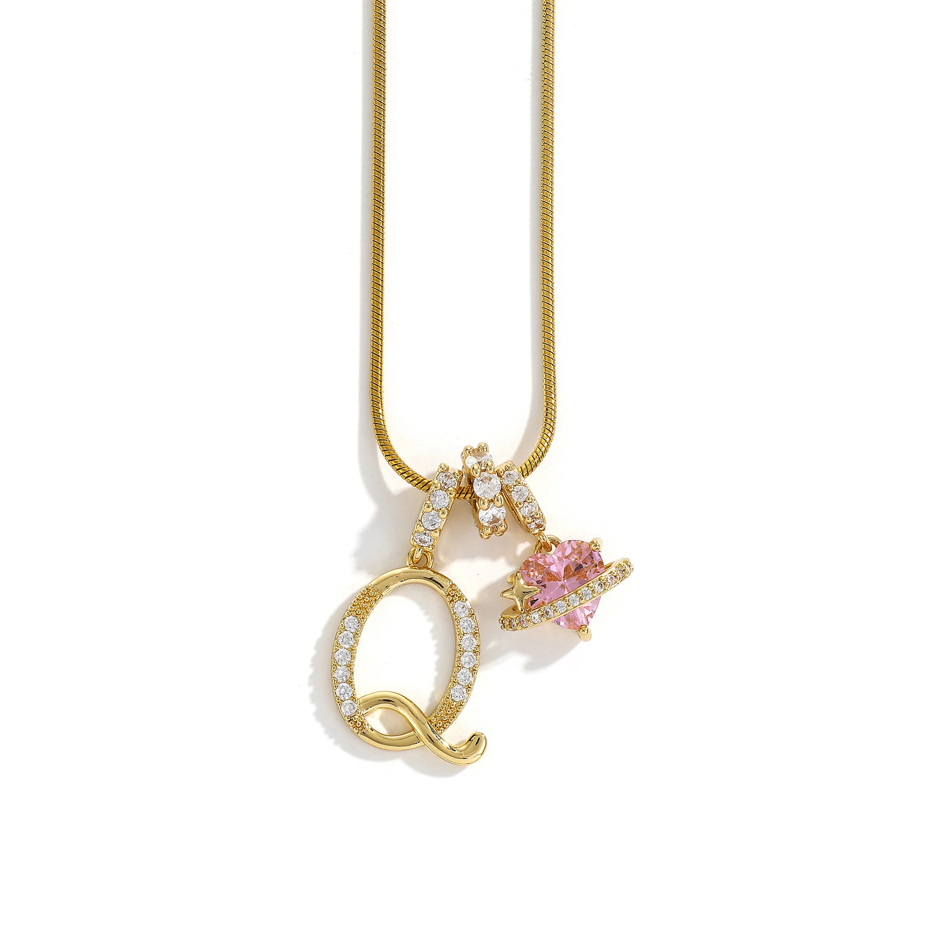 Women's A-Z Initial Letter Pendant Necklace Snake Chain Initial Alphabet CZ Pink Heart Necklace Adjustable Size Hypoallergenic