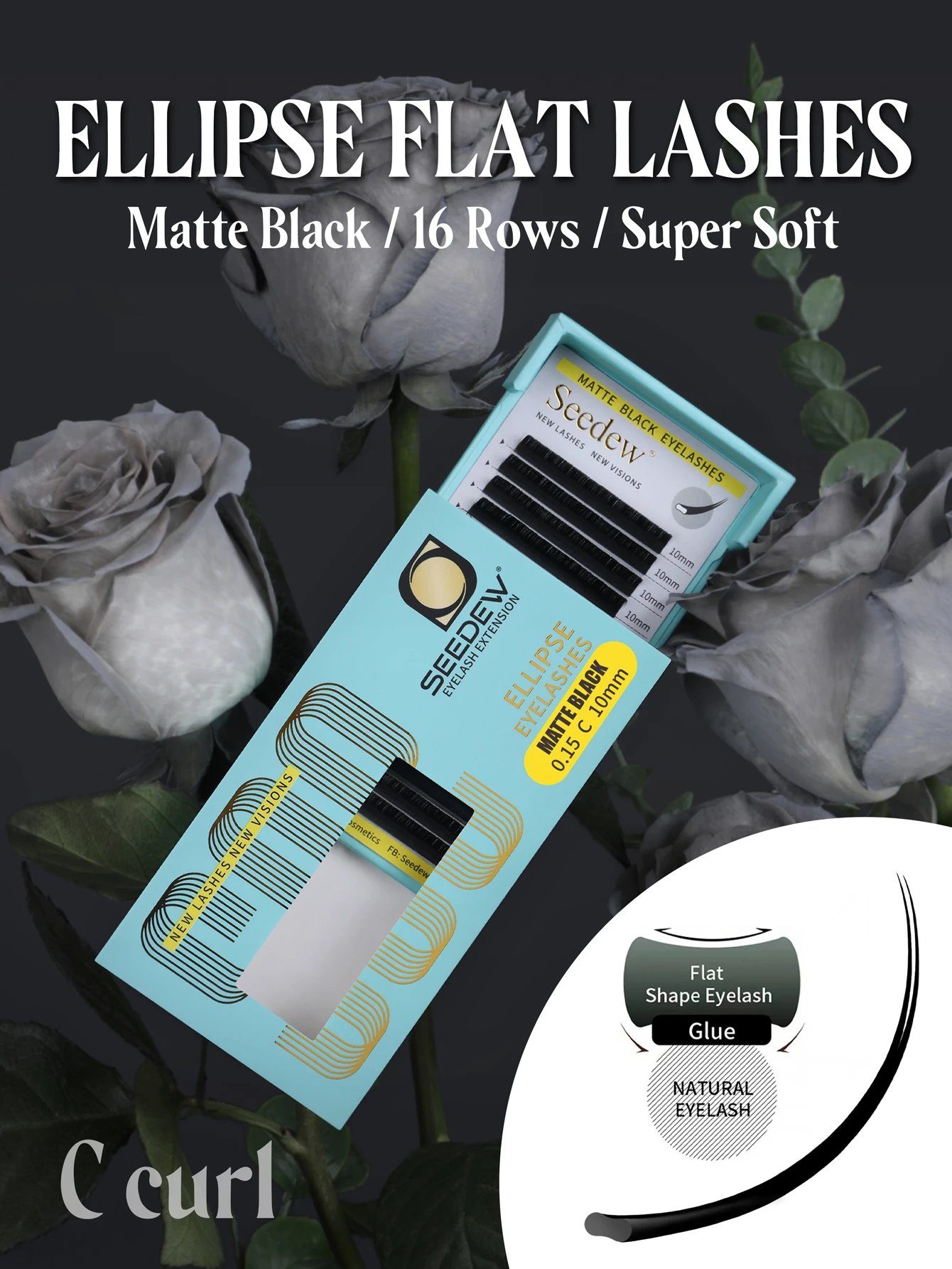 SEEDEW 0,20 mm Mattschwarze Flache Ellipsen-Wimpernverlängerungen Einzelwimpern Superweiche Flachwimpern – Detail 1
