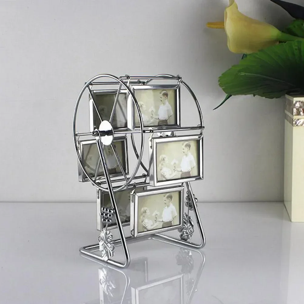 Rotating Ferris Wheel Photo Frame, 6-Sided Silver Metal Rotating Photo Stand, Gift Home Decoration Souvenir Desktop Ornament