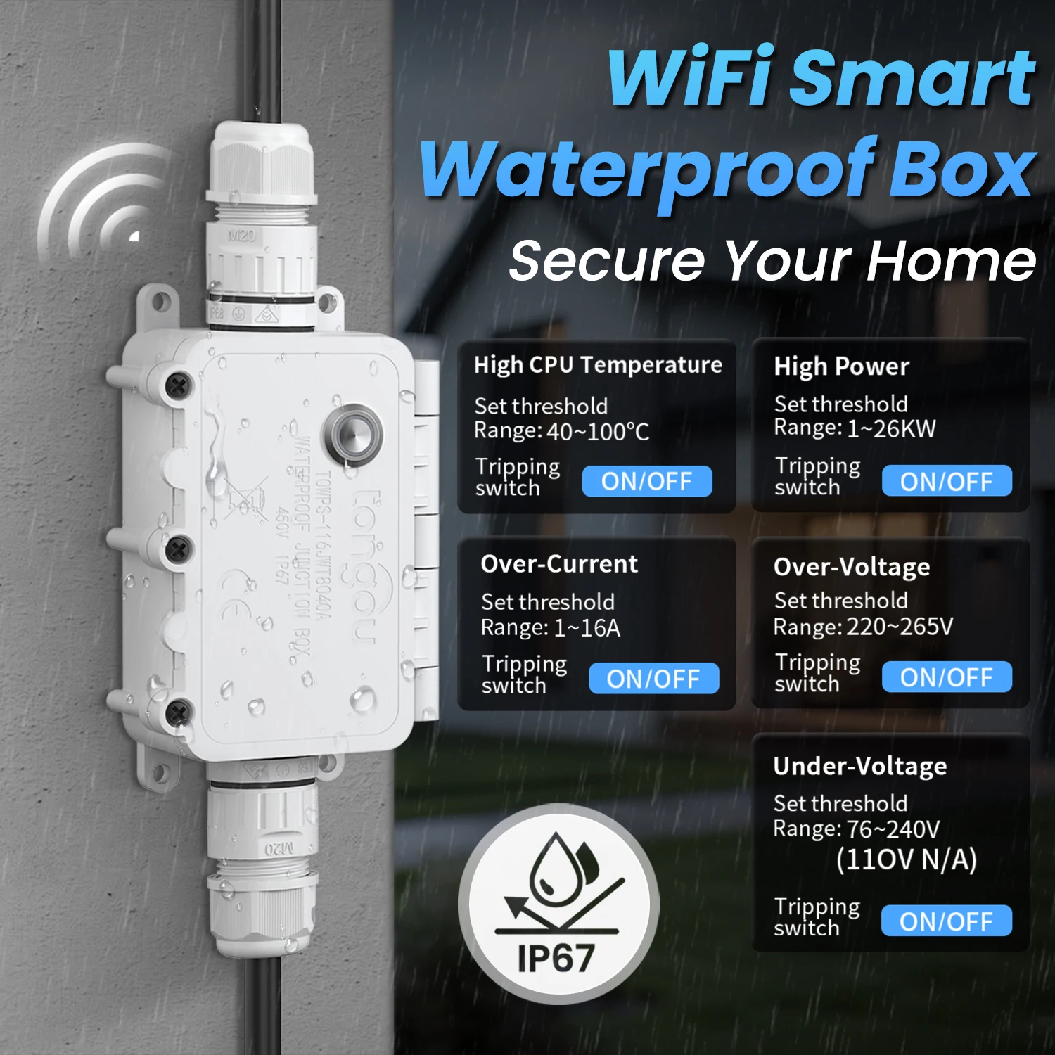 WiFi Smart IP67 Waterproof Switch    1-16A Adjustable Timer Power Display Voltage Current Protection Made Plastic
