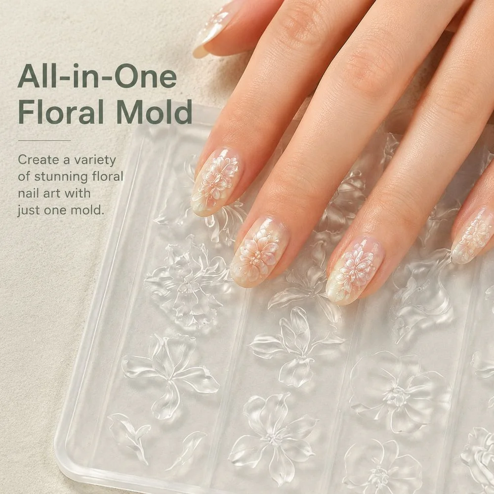 1Pc Silicone Embossed Flower Nail Mold Midsummer Night Floral Design For Resin Clay Nail Ornaments Salon Manicure Making Tool