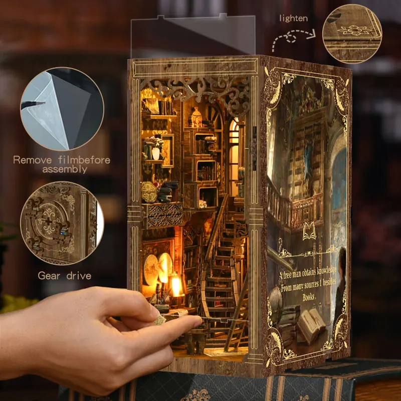 Zestaw Book Nook Domek dla lalek DIY Drewniane puzzle Półka na książki Wkładka Dekoracja Domek dla lalek Model Bookend Budynek Dekoracja domu Prezenty świąteczne — zdjęcie 4