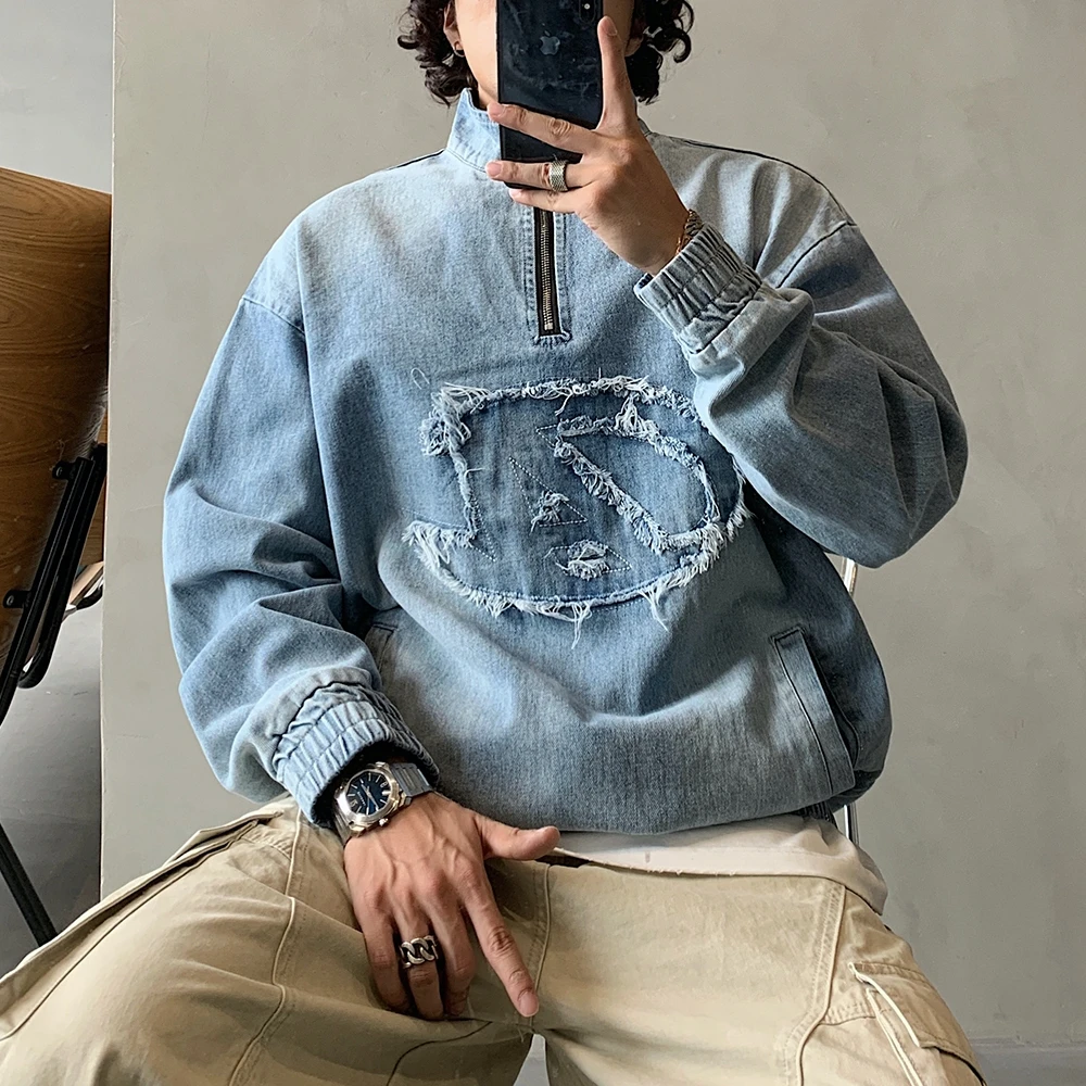 Mens Korean Streetwear Vintage Denim Sweatshirt Hip Hop Distressed Oversized Pullover High Quality Spring Autumn Casual Urban