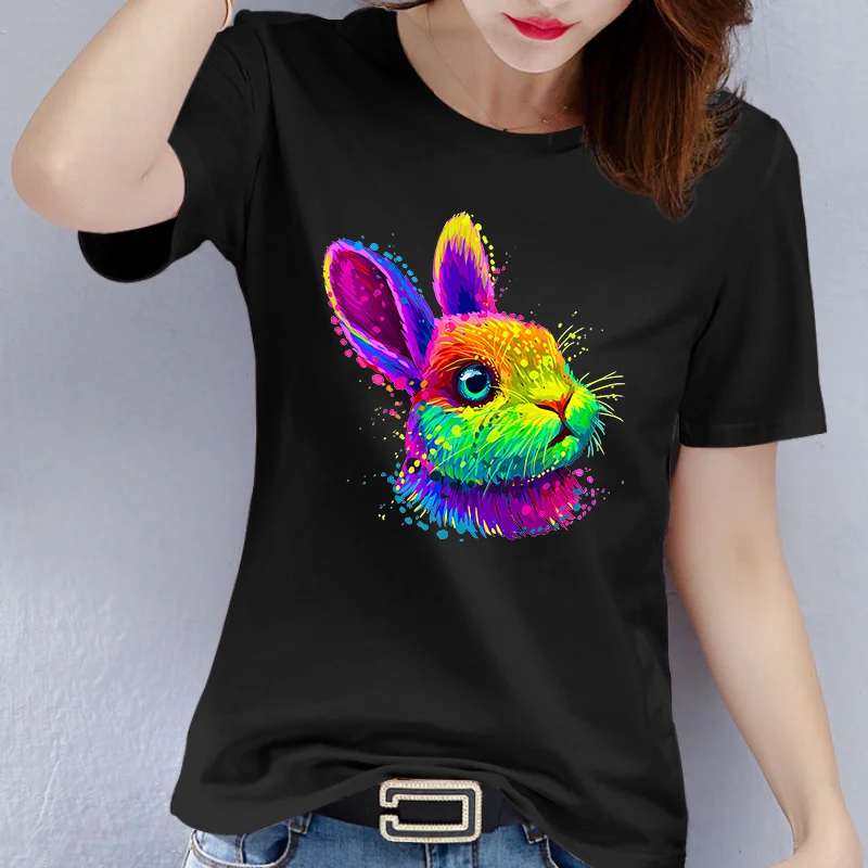 

New Instagram Trend Easter Rabbit T-Shirt Colorful Rabbit Print Women's T-shirt Harajuku Cl All Round Women Clothing Aesthetic