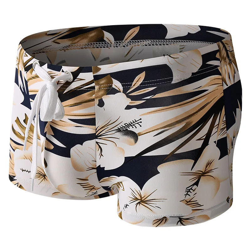 Men Ice Silk Printed Swim Trunks Underwear Drawstring Adjustable Sexy Boxer Briefs Comfortable Quick-Dry Hot Spring Bathing Suit