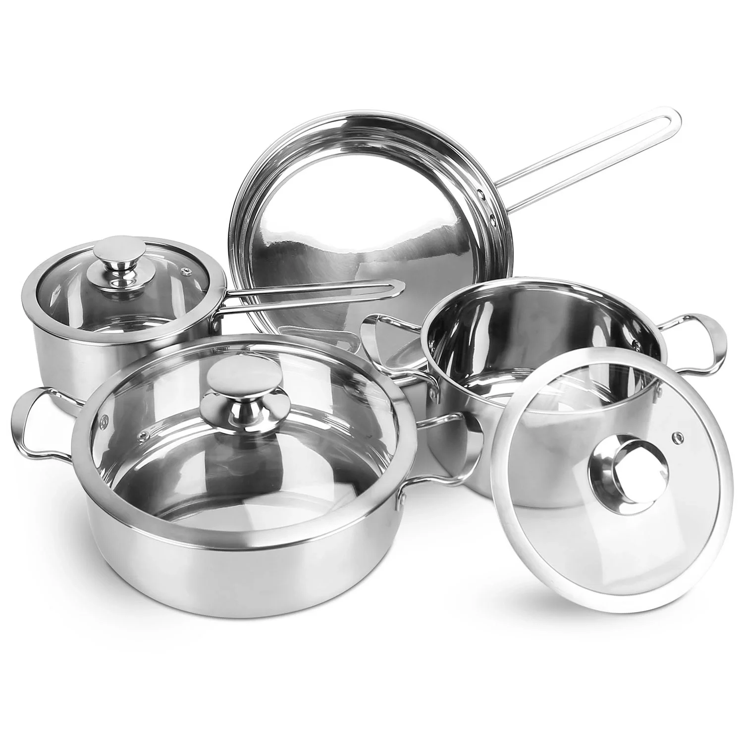 

Stainless Steel Cookware Set Fast Even Heat Induction Pots Pans Set Dishwasher Safe with 2.7 Quart Stockpot 9.17in Frying Pan