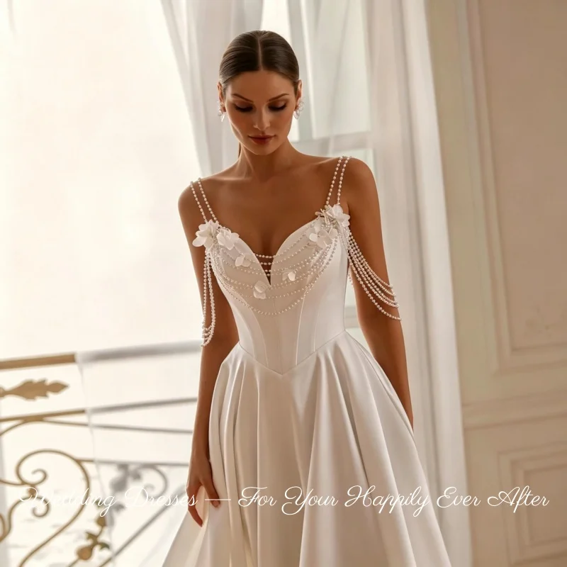 26 Simple Luxury A Line Wedding Dress Sweetheart Neck Detachable Pearl Chain Strap Vestidos De Novia Customized