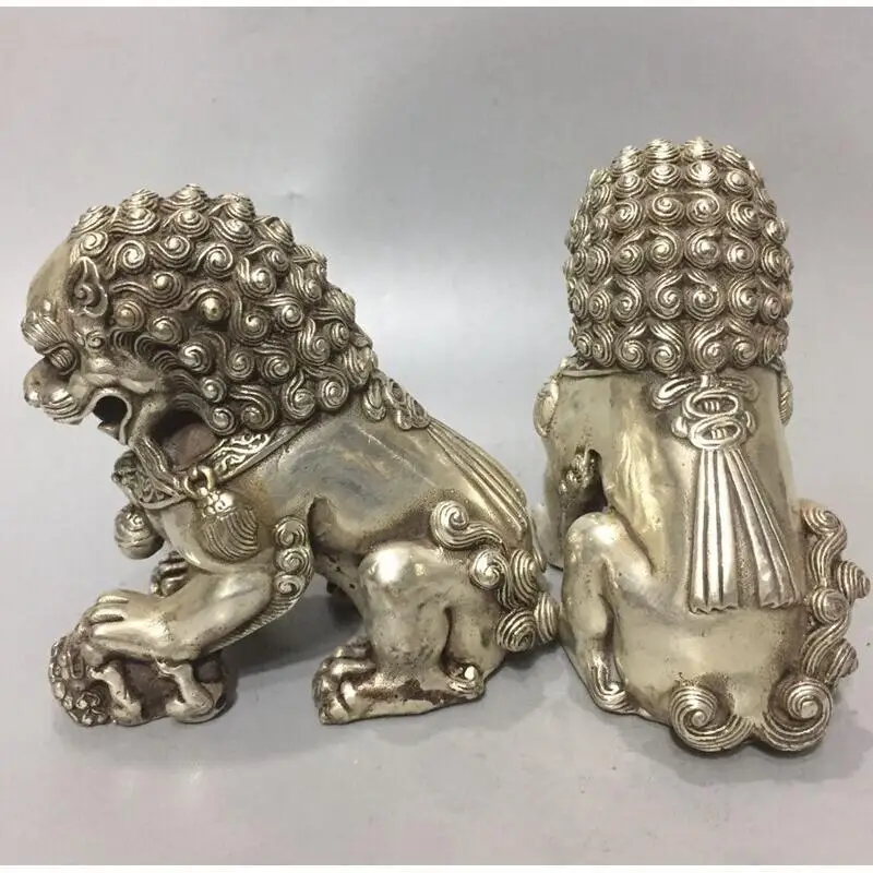 1 Pair Tibetan White Copper Lion Statue Chinese Vintage Copper Ware Feng Shui Figurine Home Decor Collectible Craft