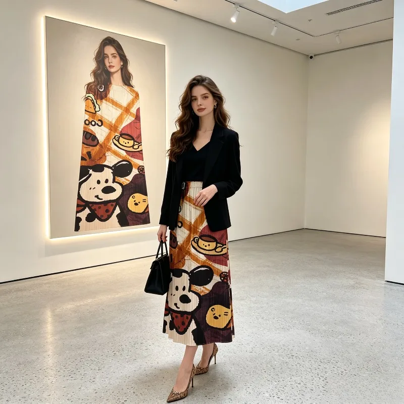 Miyake Pleated 2026 Gradient Cartoon Pleated Casual Print Skirt Women High Waist Slimming A-Line Mid-Length Pleated Skirt Pleat
