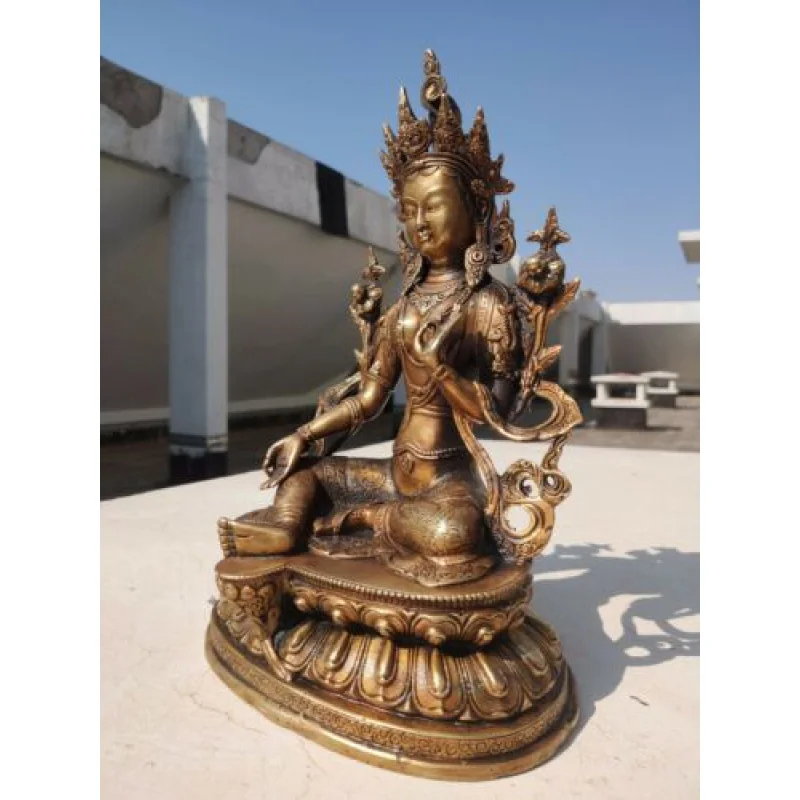 12-Inch Old-Fashioned Bodhisattva Green Tara Bodhi-Sarawa Bronze Gilded Buddha Statue Padma Pani