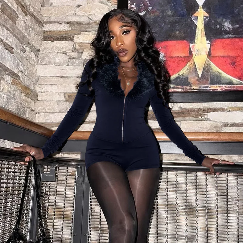 Sexy lange mouwen faux fur trim slim fit zwarte bodysuit chique V-hals wikkelbodysuit herfst casual bodysuit feest club romper