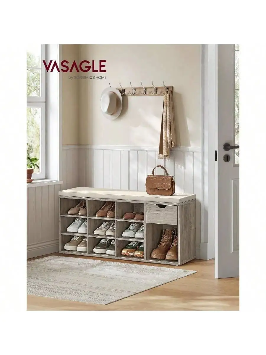 VASAGLE Storage Bench, Entryway Bench With Cushion, Drawer And Open Compartments, Bench With Storage, For Living Room, Bedroo