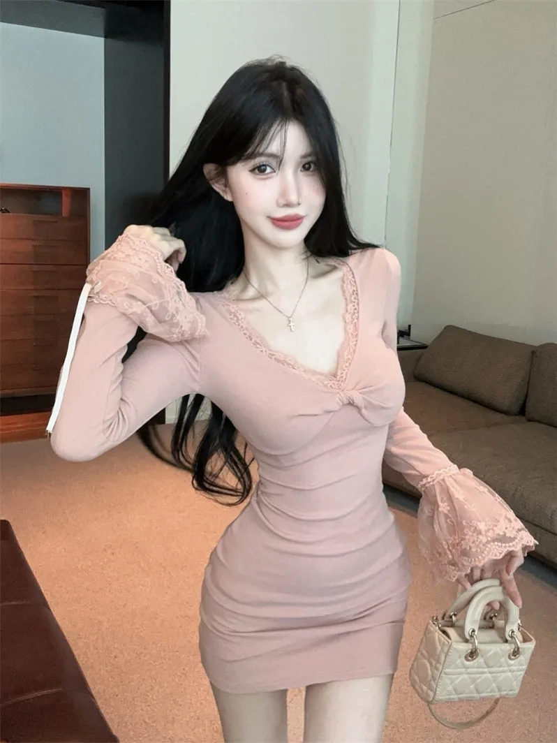 

Autumn Winter Lace Trim Fce Brued V Ne Dr Women's Design Slimming Bell Sve Wrap around ort Skirt High Waist Pu...