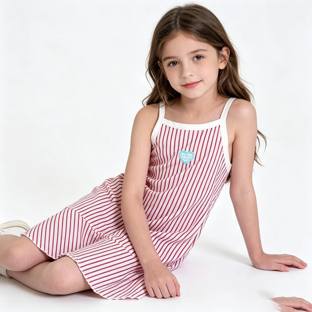 Girls Dresses Cute Print Kids Cami Nightdress Summer Casual Kids Ruffle Hem Sleep Dress Sweet Heart Print Children's Daily Dress