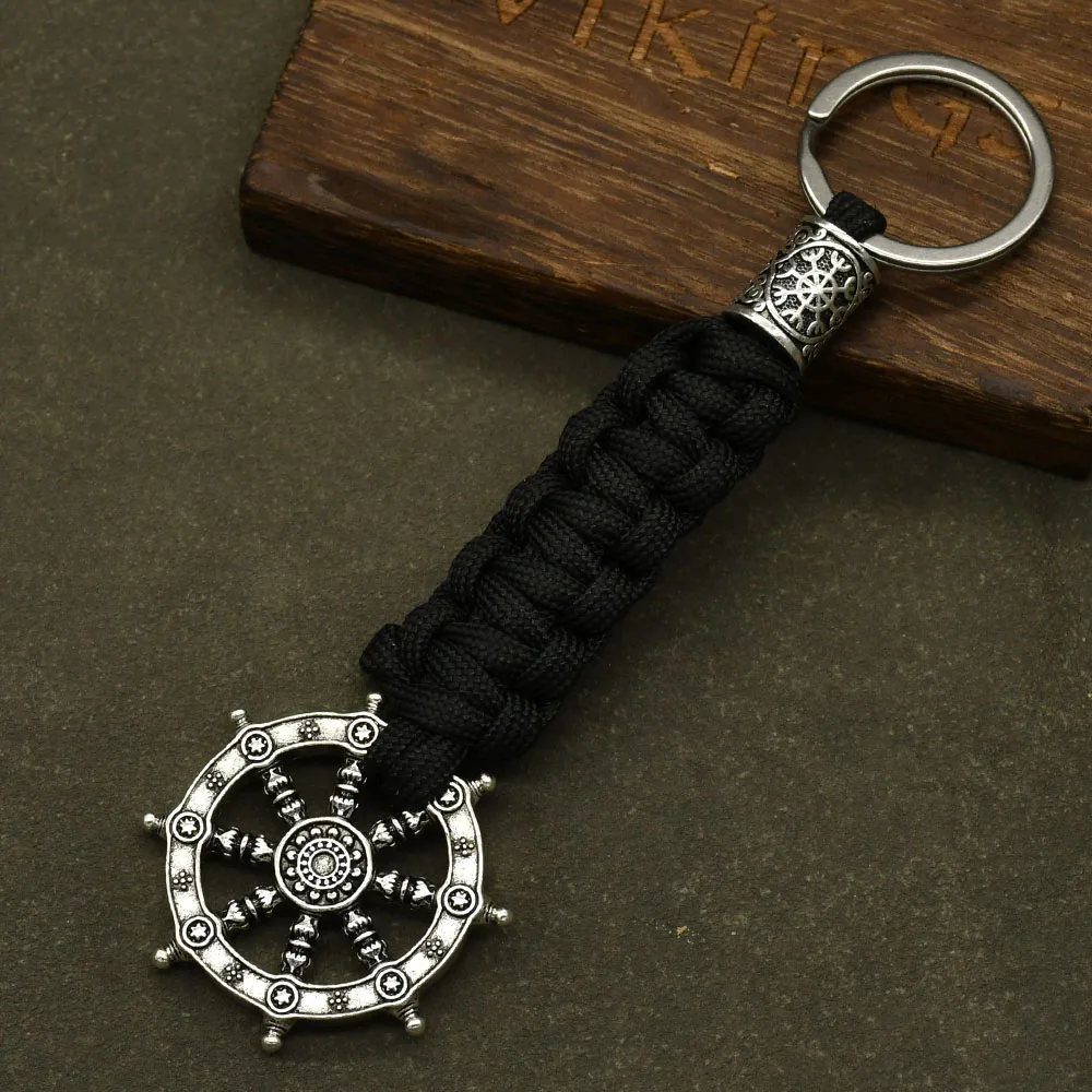 1Pcs Wheel Of Life Samsara Buddhist Talisman And Amulet Pendant Keychain viking Rune valknut Handmade Braided Paracord Keyrings