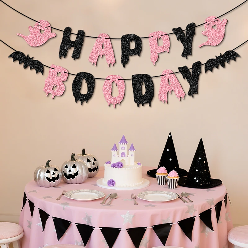 YOMDID Glitzer-Geburtstagsbanner „Happy Boo Day“ Partybanner mit Glückswünschen, Halloween-Geister und Fledermäusen, Geburtstagsdekorationen – Detail 8