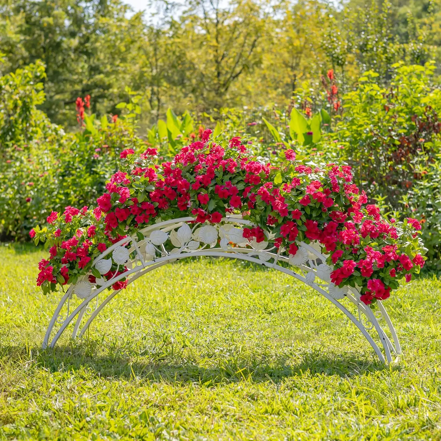5FT Long Bridge-Like Metal Plant Stand Arch, 5 Round Planters, Powder-Coated, Distressed Finish (Antique White)
