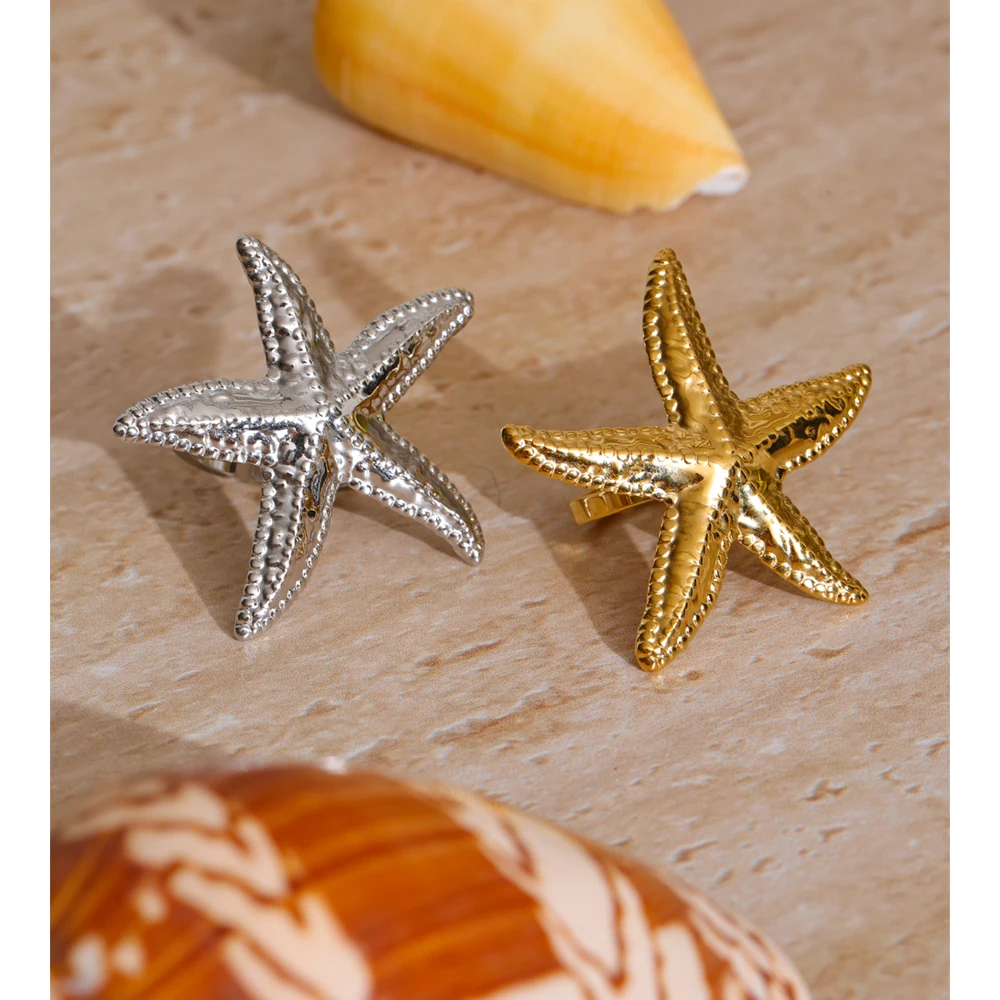 Yhpup Summer Stainless Steel Hammer Metal Starfish Adjustable Ring Tarnish Resistant Texture Fashion Finger Jewelry Wholesale