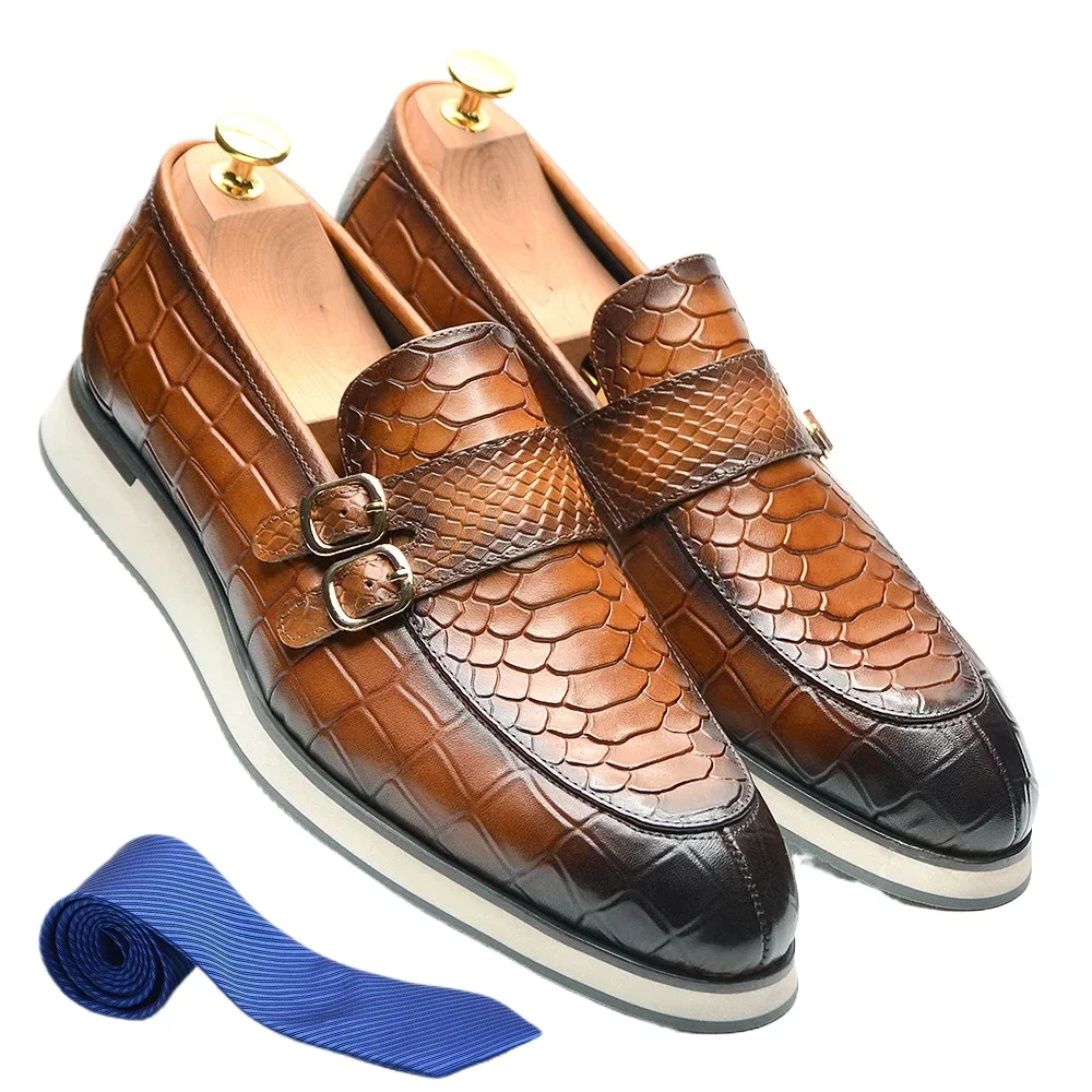 

Adult Cowhide Genuine Leather Casual Shoes Mens Loafer Sneakers Double Buckles Crocodile Print Office Work Dress Slip-on Boat