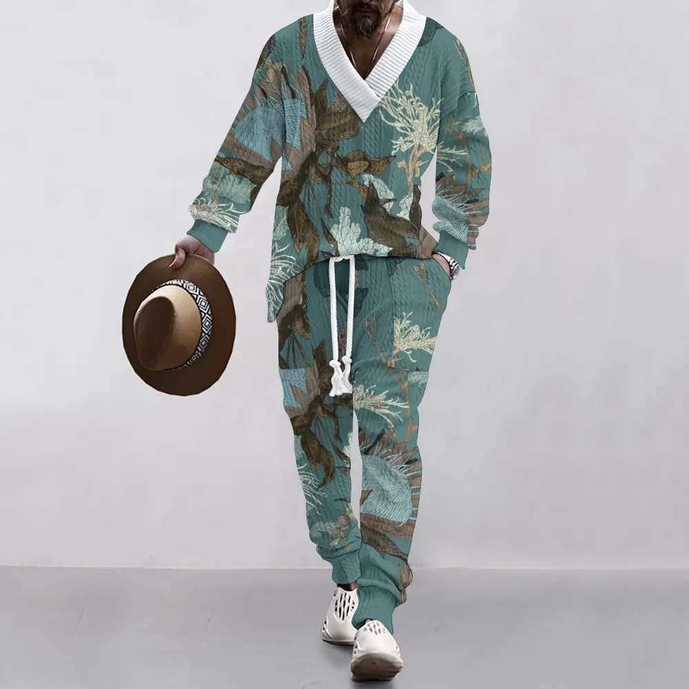 

Осень-зима 2024, новый модный американский повседневный универсальный мужской комплект из двух предметов с v-образным вырезом и уникальным 3D принтом