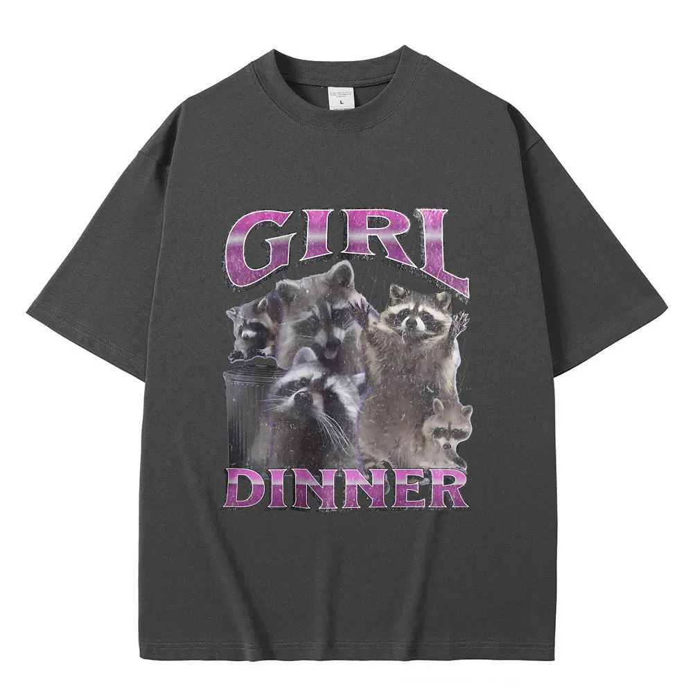 فتاة عشاء مضحك الراكون الجرافيك تي شيرت الرجال النساء Y2K خمر ميمي تي شيرت للجنسين موضة المتضخم O-طوق قصيرة الأكمام #2