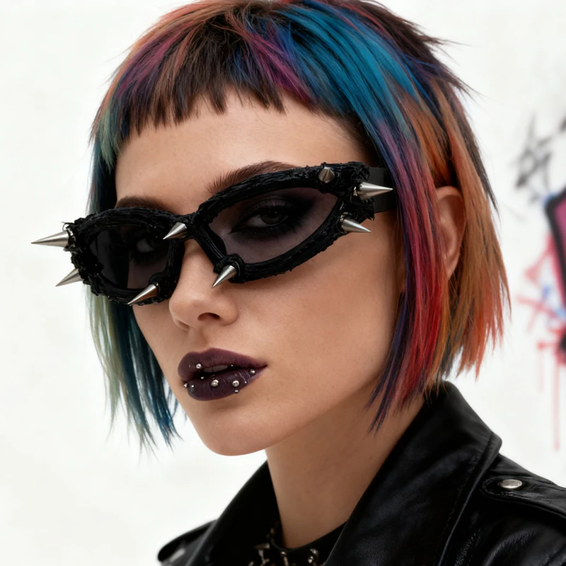 

Fashion Gothic Punk Metal Spiked Sunglasses Dark Black Glue-Inspired Cool Cat Eye Shades For Men Women Trendy Party Accessories
