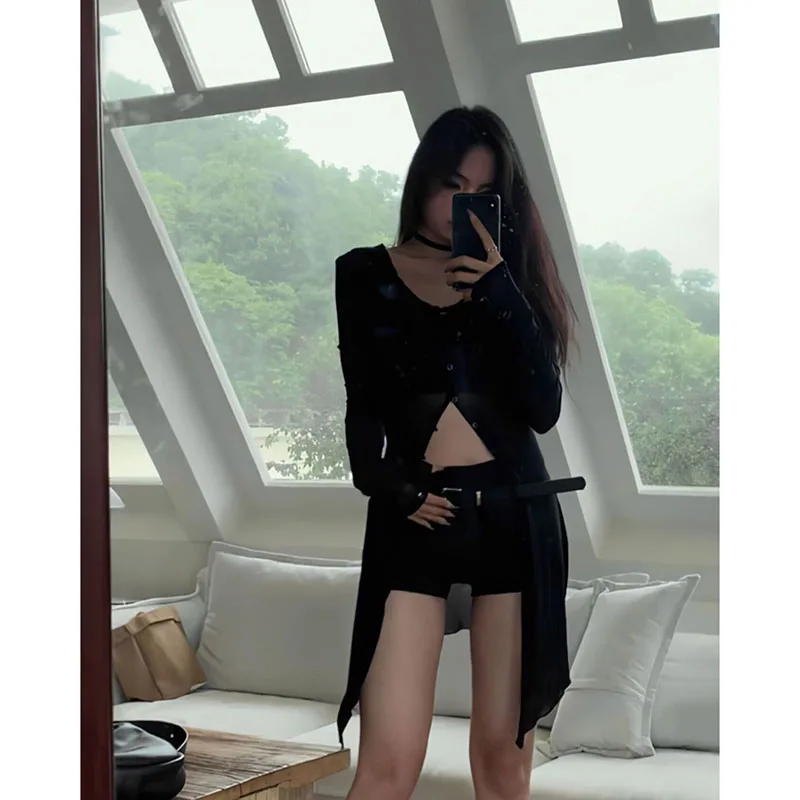 

Fashion Sexy Slim Fit Knitted Shirts Women 2025 Early Autumn New Black Blouses Y2k Thin Ong Sleeve Sun Protection Coat Mujer