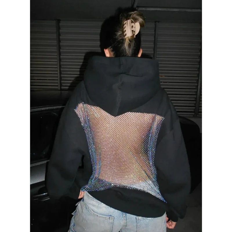 

Womens Hooded Sweatshirts Long Sleeve Casual Pullover Tops with Shiny Sparkling Mesh See-through Panel Back Hollowed