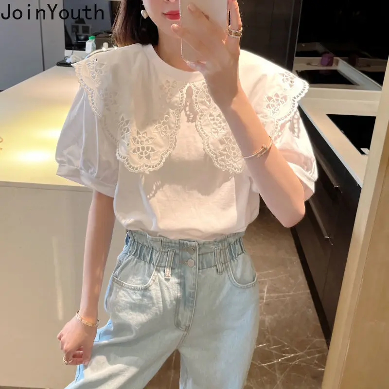 White Shirts for Women Chic Hollow Out Peter Pan Collar Sweet Tshirt Oversized Fashion Loose Tops Y2k Clothes Korean T Shirt