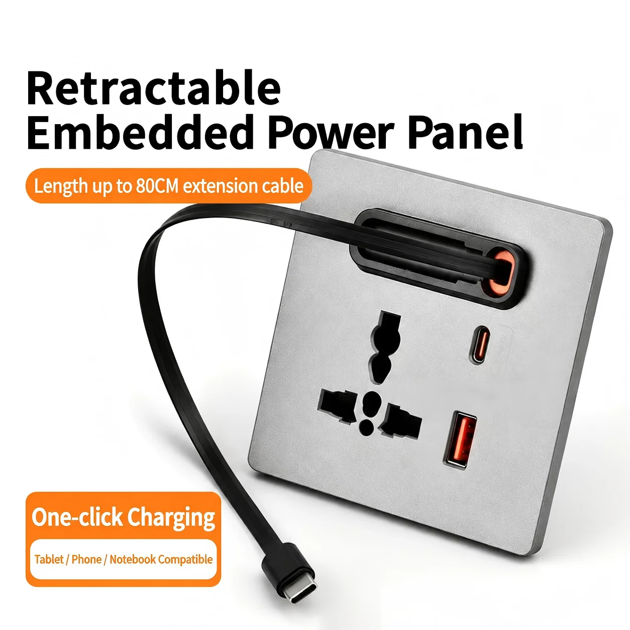 86 Type Black International 13A Multi-Function Universal Three-Prong USB Fast Charge Type-C Single Extendable Cord 20W Socket