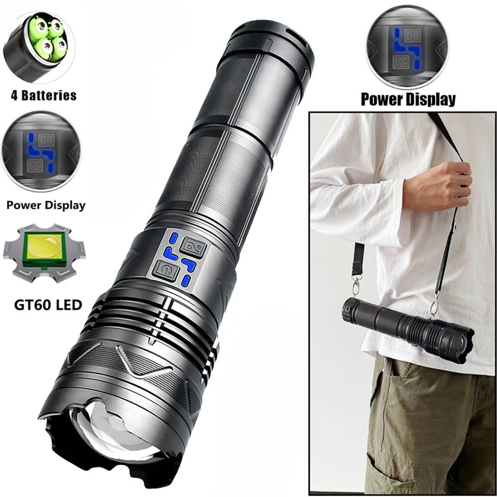 

1100W GT60 Tactical Flashlight High Power LED Torch USB Rechargeable Long Range Zoom 100W Outdoor Flash Light with Power Display