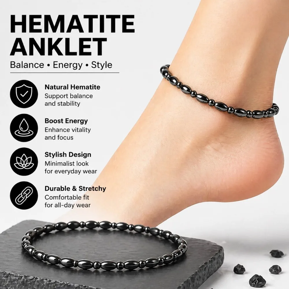 Magnetisches Geometrisches Kugel-Fußkettchen Hämatit-Armband Natürlicher Hämatit-Stein Perlen-Stretch-Armreif Chakra Yoga Energie-Armband Schmuck
