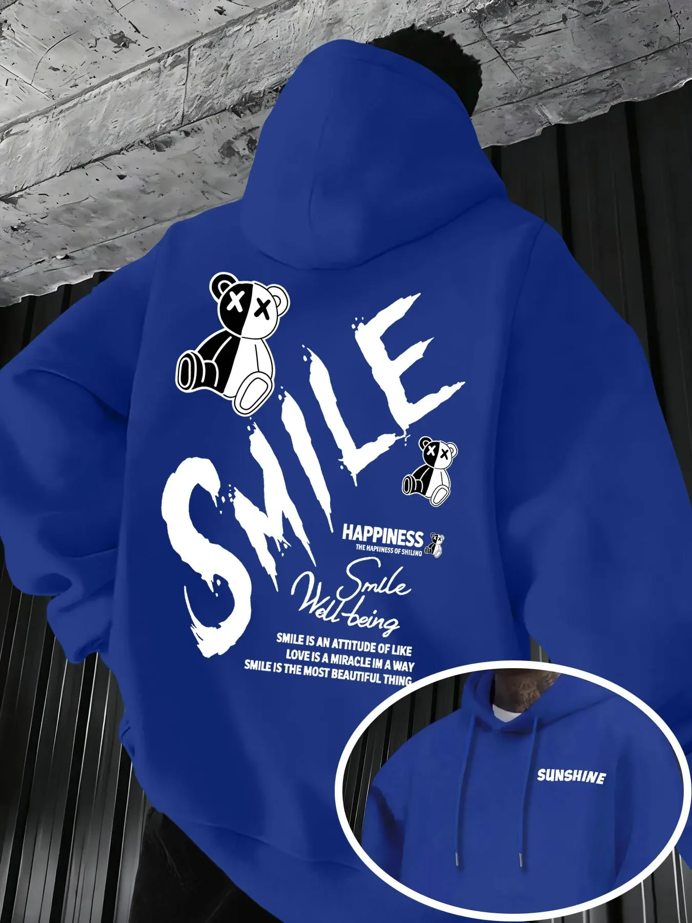 Men's Graffiti Teddy Bear Smile Letter Double Sided Print Hoodie Y2K Streetwear Unisex Oversized Autumn Pullover