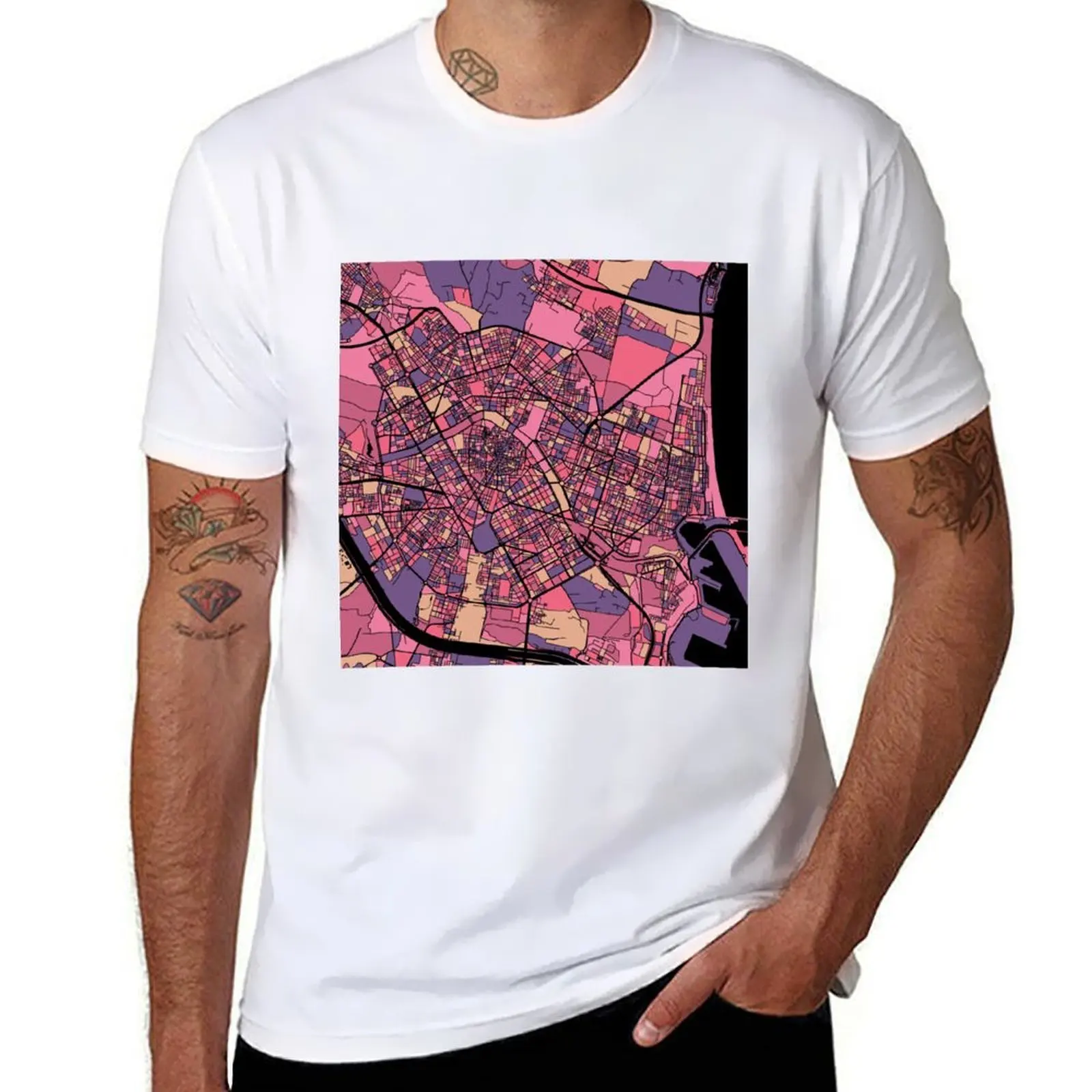 Camiseta básica de manga corta para trabajador con estampado y mapa en color rosa Valencia y morado