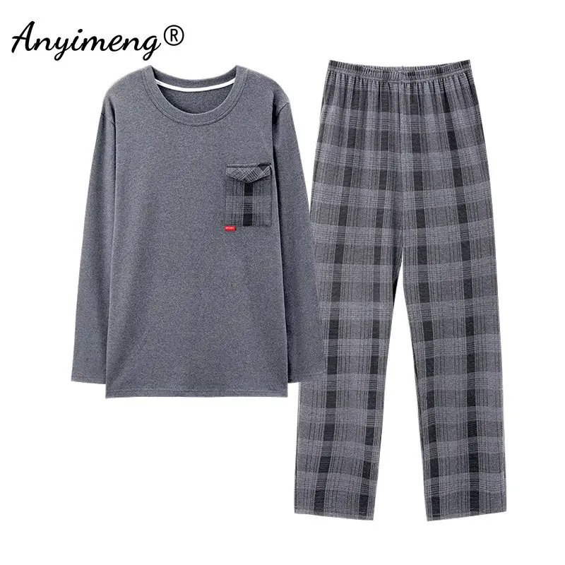 Autumn Winter Men's Home Suits Long-sleeved Trousers Suits Plus Size 4XL Pijamas for Men Knitted Cotton Plaid Design Pajamas