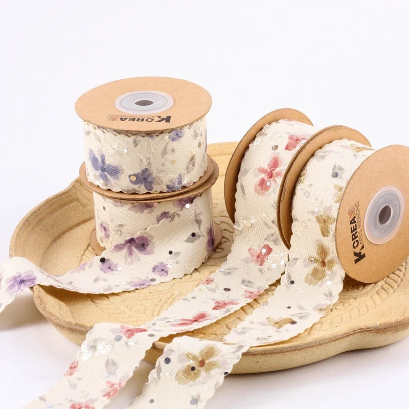 Flower Cotton Ribbon With Sequin DIY Christmas Handmade Crafts Hair Bow Accessories Headband Collar Sewing Cloth Material 50Yard