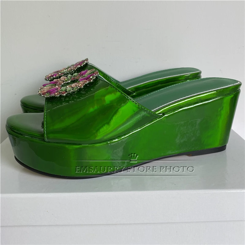 Colorful Rhinestone Embellished Buckle Sandals Women High Platform Wedges Slingbacks Open Toe Slim Mules Summer