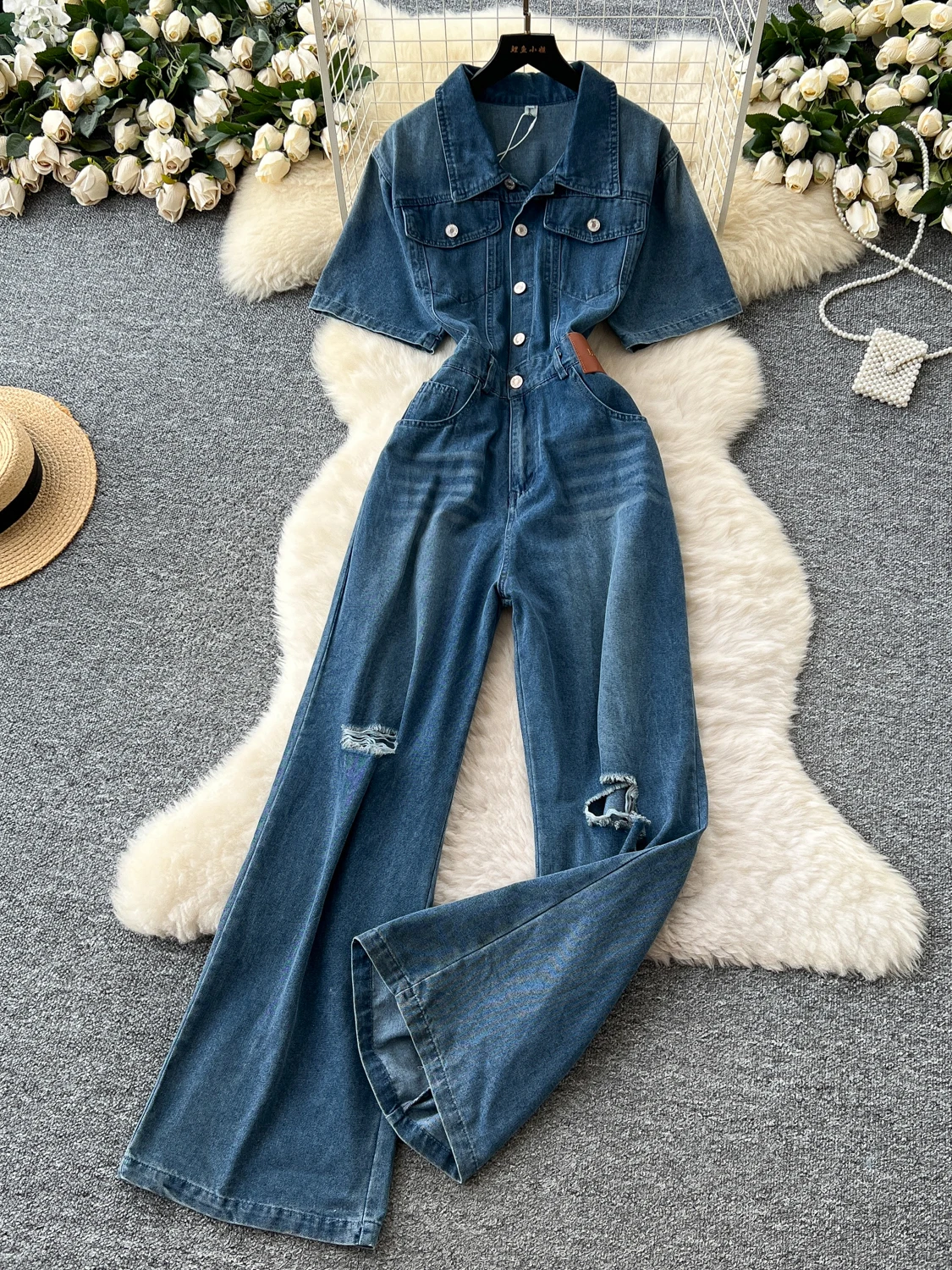 

Casual Hong Kong Sle Jumpsuit Women Summer Light Maturi Design Hollow out High Waist ort Sve Denim Wide Leg Pants