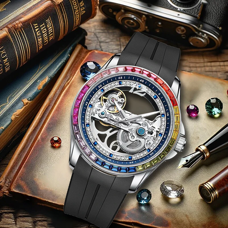 

A men's business-style niche oversized rainbow rhinestone black tape mechanical watch